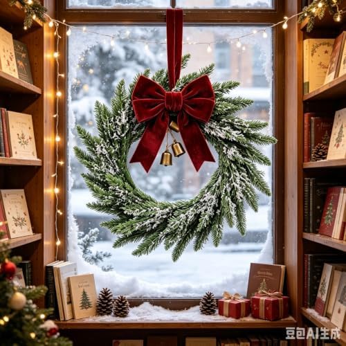 24'' Christmas Wreath for Front Door Real Touch Artificial Frosted Norfolk Pine Wreath with Burgundy Velvet Bow & Gold Bells for Indoor Outdoor Wall Window Porch Farmhouse Xmas Winter Holiday Decor - Image 2