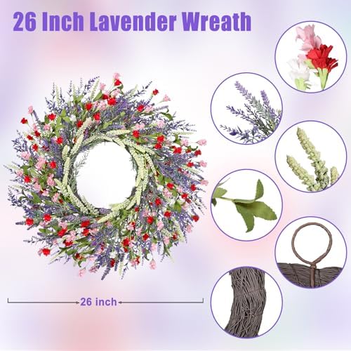 LZNPA 26 Inch Large Lavender Wreath for Front Door Greenery Summer Spring Wreaths for Front Door Wreaths for Front Door All Seasons for Wedding Farmhouse Wall Porch Window Decor(Red Pink Lavender) - Image 4