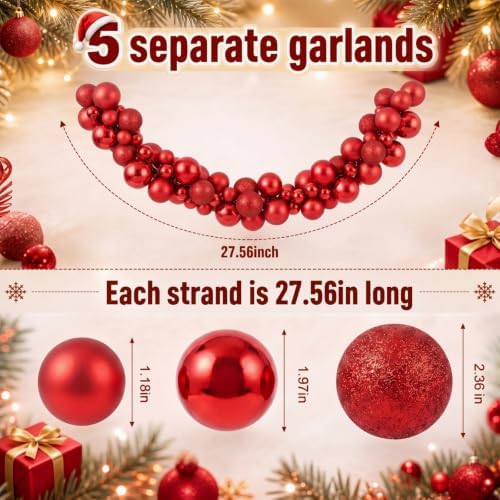 Silipull 5 Pcs 2.3 ft Large Christmas Ball Garland Ornaments, Red - Image 3