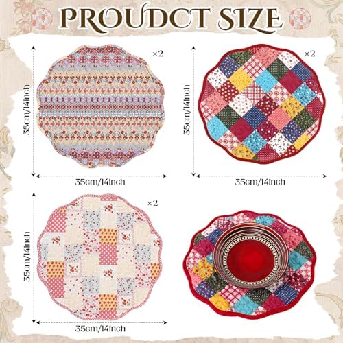 6 Pack Large Quilted Round Placemats 14 Inch Reversible Patchwork Cotton Table Mats, Vintage Floral Cottagecore Farmhouse Washable Dining Table Decor - Image 3