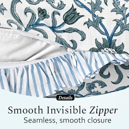 CPC Ocean Vine Hand Block Print 100% Cotton Ruffle Throw Pillow Cover 24x24 inch with Hidden Zipper Decorative for Couch, Bed, Sofa, Farmhouse, Cottagecore Decor Gift Christmas Fall Thanksgiving - Image 4