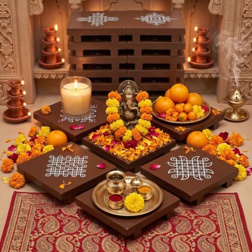 Kolam Trays Indian Return Gifts, Ganesh Pooja Chowki, 24 Pcs, Brown by DoubleFill