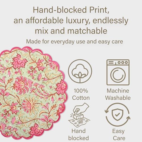 Ridhi Floral Block Print Round Placemats 15" in, Set of 4, Pistachio Green - Image 6