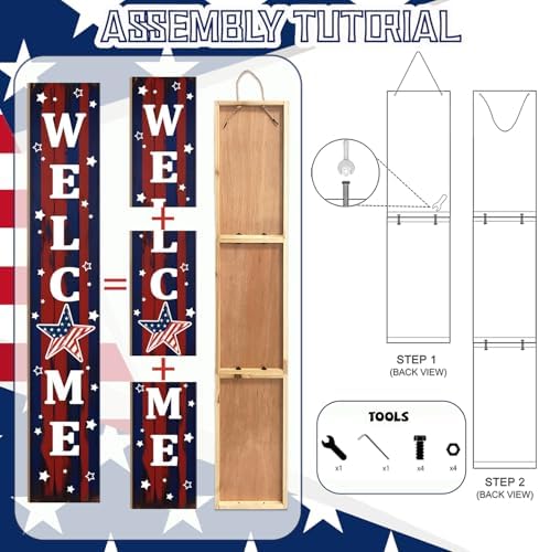 4th of July Patriotic Porch Sign 47.2",USA 250th Anniversary Wooden Welcome Sign, Red Blue Vertical Front Porch Decor for Outdoor Patio, Garden Entryway - Image 6