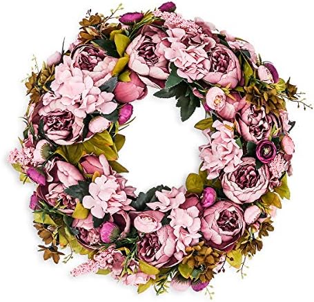 BOMAROLAN Artificial Peony Flower Wreath 19Inch Vintage Blooming Silk Peonies Spring Summer Fall Winter Large Wreaths Flower Green Leaves for Outdoor Front Door Indoor Wedding Wall Or Window Décor by BOMAROLAN