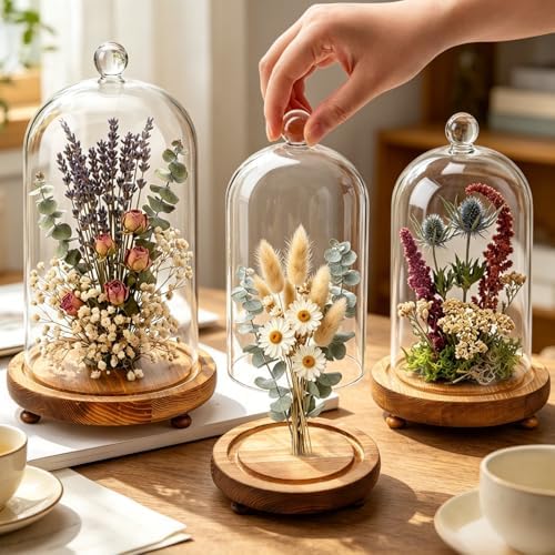 Pumtus 3 Sizes Cloche Glass Dome, Tall Glass Bell Display Case with Wooden Base & Handle, Dustproof Clear Decorative Jar for Plants, Medal, Photo, Home Party Wedding Decor Gift (4.7''/3.9''/3.5'') - Image 4