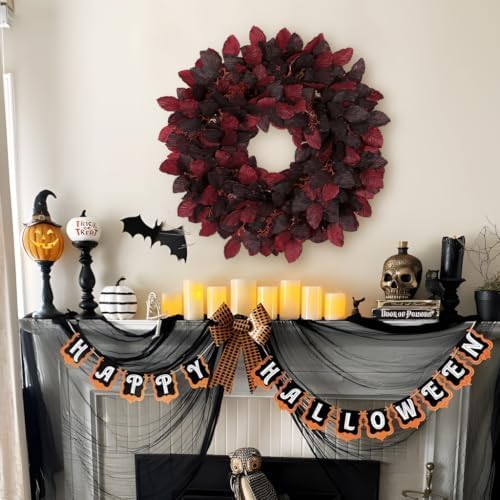 Artificial Fall Leaf Wreath for Front Door – 24" Autumn Wreath with Lifelike Fagus Sylvatica Foliages – Burgundy Red – Rustic Thanksgiving & Halloween Decoration for Indoor & Outdoor - Image 4