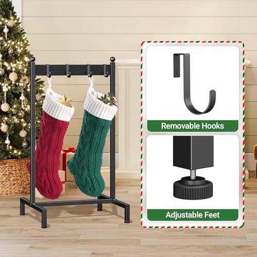 ELYKEN Christmas Stocking Holder Stand for Floor, Free Standing Stocking Rack with 4 Removable Hooks, Wood Stocking Hanger Stand, Heavy Duty Xmas Stocking Stand with Adjustable Feet, Black - Image 5