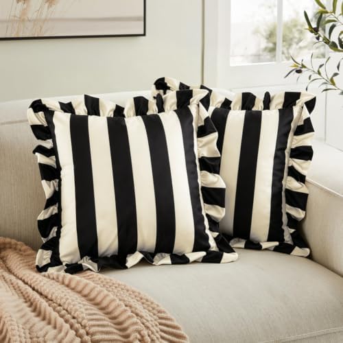 vctops Ruffle Square Throw Pillow Covers Boho Pink and Red Striped Decorative Pillowcases Set of 2, Soft Velvet Accent Cushion Cover Cases for Sofa Bed Living Room Decor (Black Beige,18"x18") - Image 2