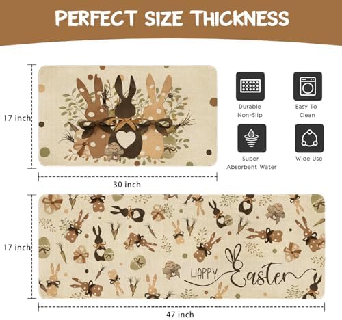 Easter Kitchen Rugs and Mats Set of 2,Spring Golden Garden Bunny Eggs Kitchen Mat,Easter Rabbit Non Slip Washable Kitchen Floor Sink Mats Decorations for Home Kitchen 18"x48"+18"x30" - Image 3