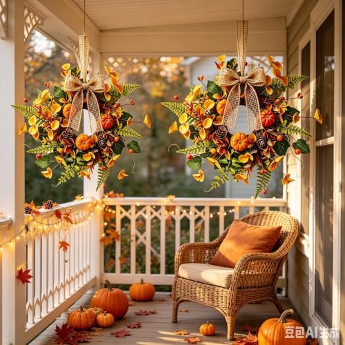 6 PCS Mini Fall Wreaths for Kitchen Cabinets Small Fall Hanging Wreath with Pumpkins Pinecones Berries Eucalyptus Thanksgiving Wreath for Front Door Window Cabinet Farmhouse Decor - Image 7