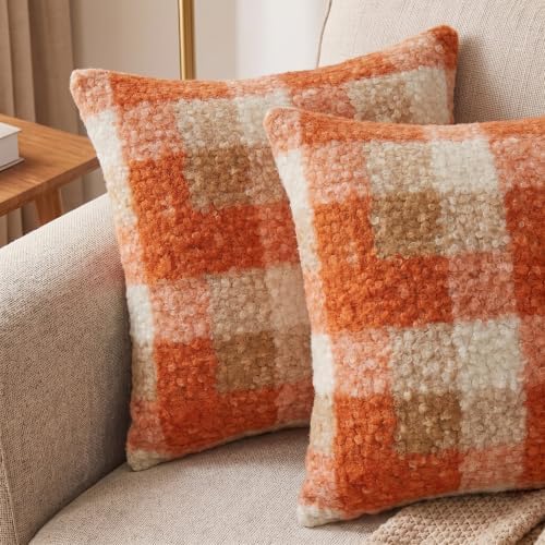 Fall Orange Plaid Euro Sham Pillow Covers 26x26 Set of 2, Cozy Fall Decor - Image 2