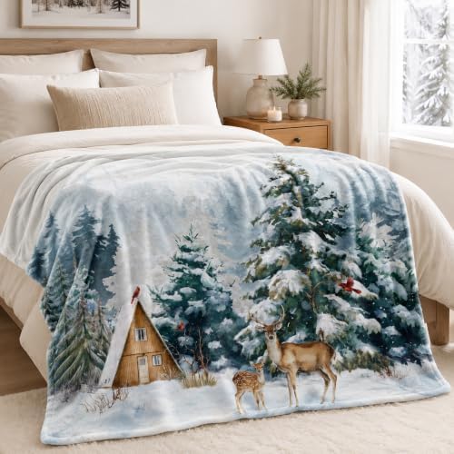 Winter Deer Throw Blanket, Snow Forest Flannel, 80 x 60 - Image 4