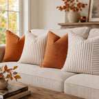 YCOLL Farmhouse Fall Pillow Covers 26x26, Modern Accent Square Throw Pillow Covers Set of 2, Rust and Beige Striped Patchwork Linen Decorative Cushion Covers for Couch Chair Bedroom Fall Decorations - Image 4