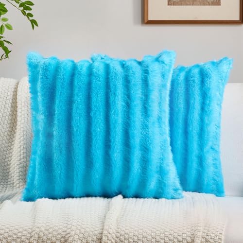 FUTEI Pack of 2 Faux Mink Fur Throw Pillow Covers 22x22 Inch, Sky Blue by FUTEI