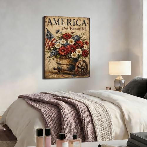 Ship Next Day - Framed Patriotic Wall Art Canvas, America the Beautiful Floral Painting, Rustic Farmhouse USA Flag Canvas Print for Living Room, Kitchen, Bedroom, Office, Made in USA - Image 5