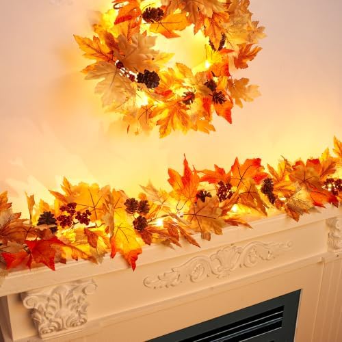 6 FT Lighted Fall Garland with Lights & Timer, Fall Decor Lush Autumn Leaves with Pumpkins, Berries & Pinecones, Pre-Lit Thanksgiving Decorations for Home, Fireplace Mantel & Porch - Image 4