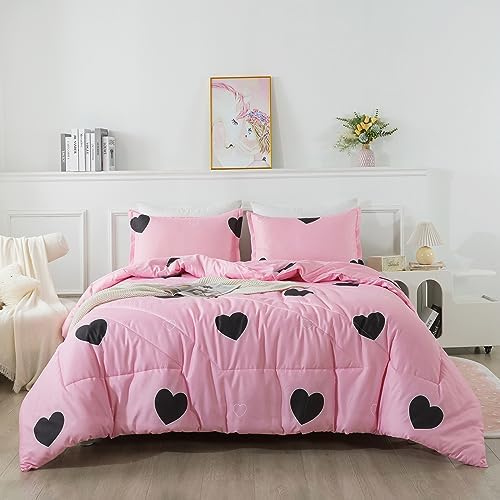 Caressma Pink Comforter Set King Size Black Heart Set 3pcs with Pillowsham by Caressma