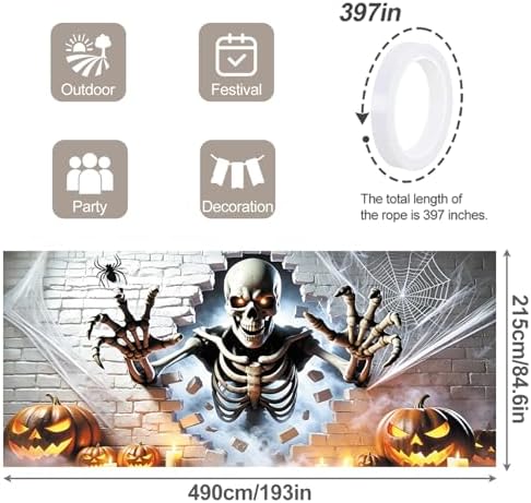 7x16FT Skeleton Break Wall Halloween Garage Door Banner Skeleton Pumpkin Spider Happy Hallowen Garage Door Cover Decoration for Hallowen Decoration - Image 4