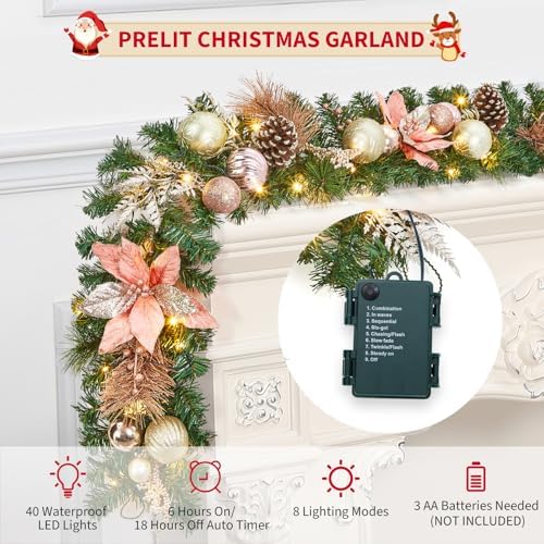 Garvee 9 ft Christmas Garland with Lights for Mantle, Rose Gold - Image 7