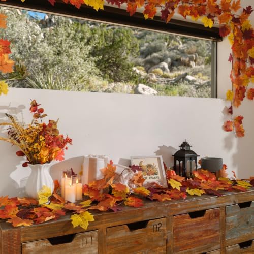 CQURE 14 Pack Fall Leaf Garland, Total 109.2Ft Artificial Fall Maple Leaves Autumn Vines Garland Thanksgiving Decor for Home Fireplace Party - Image 5