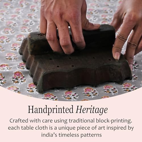 CPC Tablecloth 100% Cotton 72x160 Inch Indian Block Print Rectangle Table Cover, Gray Pink Table Cloth for Weddings, Spring/Summer, Barbeque - Labra Gray - Image 5