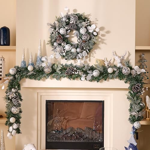 Valery Madelyn 24'' Pre-Lit Christmas Wreath for Front Door with Light, Large Lighted Outdoor Christmas Wreath with Silvery White Xmas Balls & Pinecones for Home Porch Fireplace Window Holiday Decor - Image 2