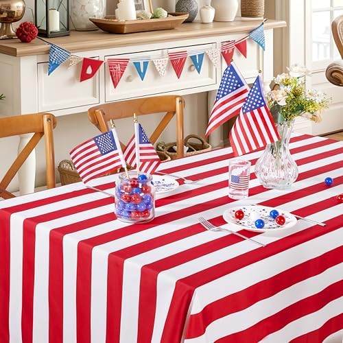 Fanqisi 2 Packs Red and White Striped Tablecloth 57 x 84 Inch Waterproof Patriotic Table Cloth Rectangle Table Cover for Birthday Baby Shower Wedding Outdoor Summer Party Decoration - Image 2