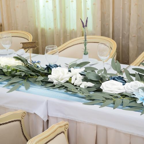 Dusty Blue Flowers Wedding Table Decor - Table Runner & Arch Backdrop with Eucalyptus & Blue Floral Garland - Image 3