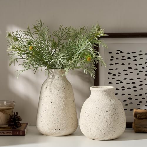 Ceramic Vase Set of 2 for Home Decor, Handcrafted Sesame Dot White Rustic Terracotta Vases, Vintage Farmhouse Decor, Minimalist Decorative Vases for Table Centerpiece Fireplace Nightstand Decoration - Image 6