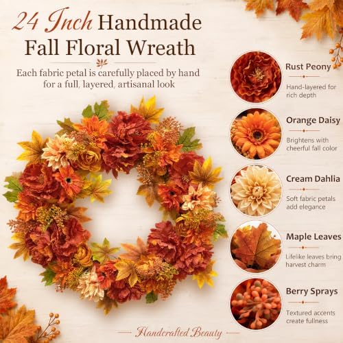 24 Inch Fall Wreaths for Front Door, Autumn Flower Wreath - Image 2