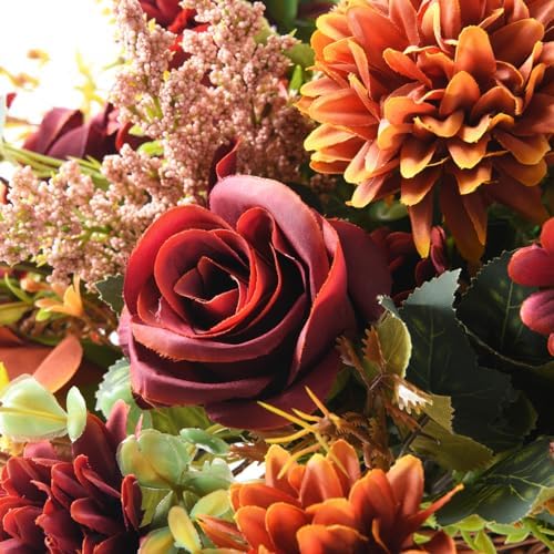 Fall Artificial Faux Flowers in Vase Fake Silk Rose Bouquets Indoor Decor - Image 3