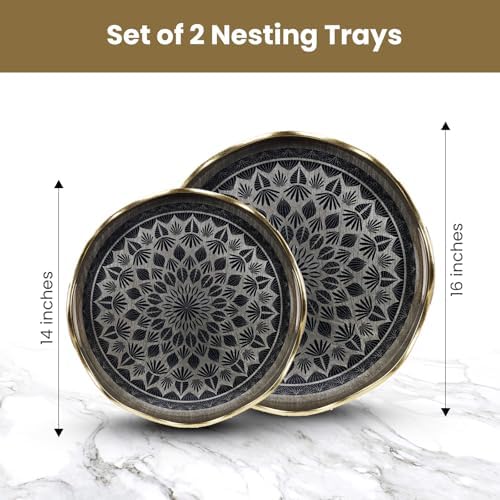 HOME ARCHIVE Round Serving Tray with with Handles Antique Look & Stylish Design Decorative Trays for Kitchen Round Ottoman Tray for Dinning Living Room & Home Decor Pack of 2 (Silver-Gold) - Image 2