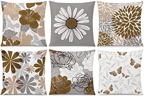 Brown Grey Throw Pillow Covers 20x20 Set of 6, Neutral Floral Home Decor by Unknown