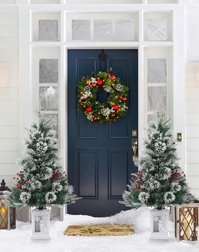 3ft Prelit Snow Flocked Christmas Tree with Light Up White Snowman Box Base - Image 5