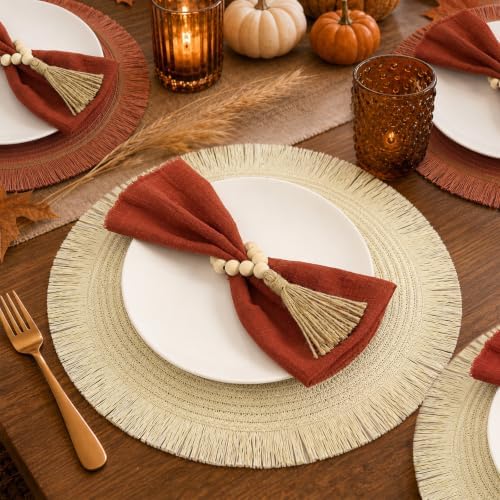 18 Piece 15 Inch Decorative Boho Table Placemats, 6 Set Round Braided Woven Place Mats in Brown Orange Beige White with Rust Napkins and Wood Bead Tassel Rings for Fall Thanksgiving Dining - Image 4