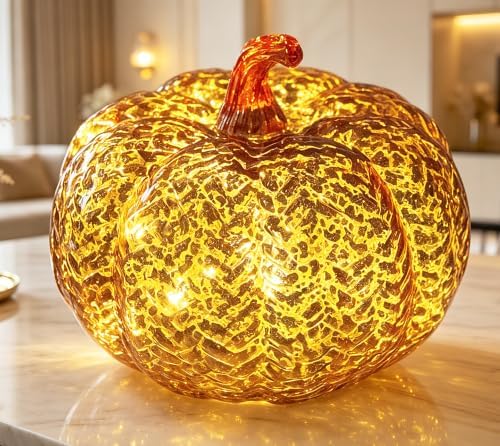 Fall Decorations for Home,Mercury Glass Pumpkin Lights with Timer(Orange) by CFDECORCandlesandHolders