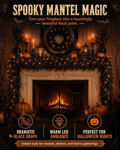 Halloween Fireplace Decor Set with LED Lights Black Vine Garland for Mantel - Image 4