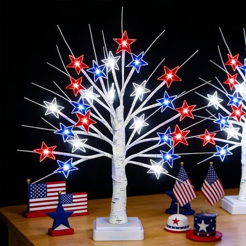 【Timer】 2 Pack 4th of July Decorations Patriotic Red White and Blue Tree Lights with 24 LED Stars, USB/Battery Operated Fourth of July Lights for Indoor & Outdoor Independence Day Decor - Image 2