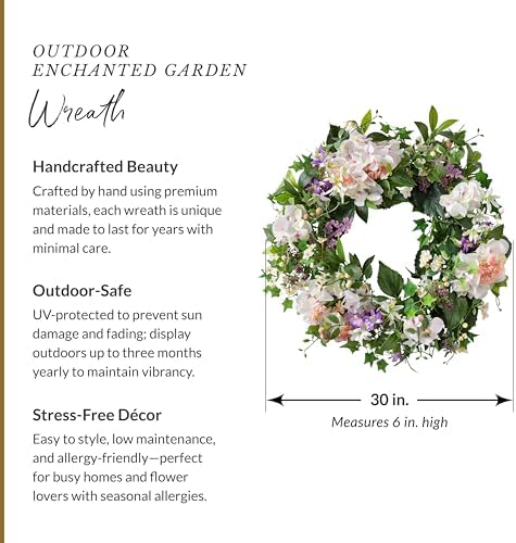Balsam Hill Outdoor Enchanted Garden Spring & Summer Wreath - 30" Premium UV-Protected Green Wreath for Front Door, Patio, Garden & Al Fresco Spaces - Image 3
