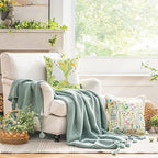 Phantoscope Pack of 2 Happy Easter Throw Pillow Covers - Tassel Trimmed Printed Colorful Flowers and Rabbits Spring Farmhouse Decorative Easter Pillows, Light Green, 18x18 Inches - Image 2