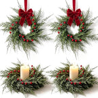 6 Pcs Small 4th of July Candle Ring Wreath with Red Blue White Daisy Artificial Hydrangea Flowers Mini Independence Day Candle Holder Wreath (4, Artificial Cedar Red Berries) by Unknown
