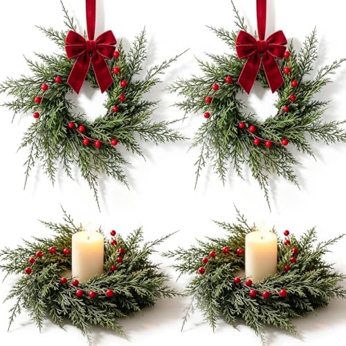 6 Pcs Small 4th of July Candle Ring Wreath with Red Blue White Daisy Artificial Hydrangea Flowers Mini Independence Day Candle Holder Wreath (4, Artificial Cedar Red Berries) by Unknown