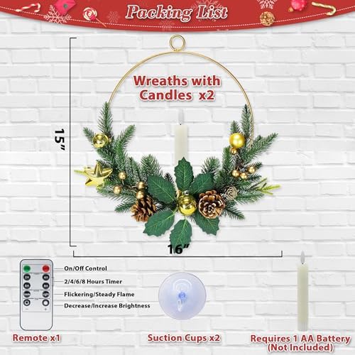 2Pack Christmas Wreaths for Front Door with LED Taper Candles, 16-inch Window Wreath Christmas with Light & Remote, Battery Operated Outdoor Winter Ornaments Christmas Decorations丨Gold丨 - Image 4