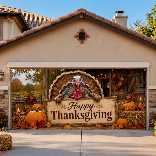 Thanksgiving Garage Door Banner 157 x 71 In Turkey Happy Thanksgiving Garage Door Cover, Rustic Fall Harvest Outdoor Garage Door Decorations with 393.7 In Rope for Thanksgiving Home Decor - Image 7