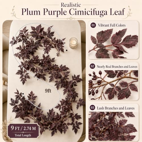 9FT Plum Cimicifuga Seeded Garland,Artificial Fall Leaf Garland for Mantel - Image 2