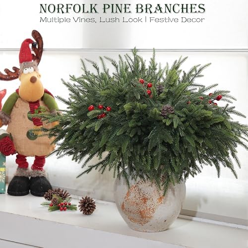 WHANLEY L&Q 12-Piece Set 23" Christmas Norfolk Pine Branches with Lights - Battery Operated Christmas Decorations - Warm Lights-Norfolk Pine Stems for Xmas DIY Crafts Garland Wreath - Christmas Decor - Image 5