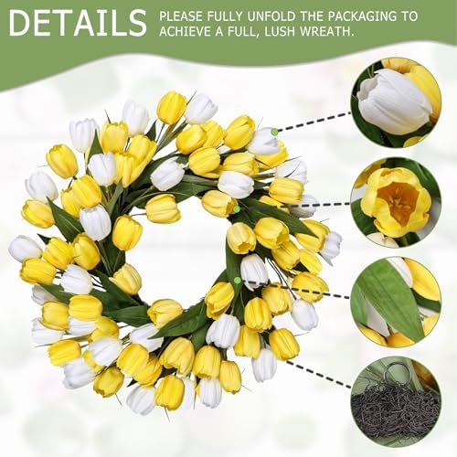 24 Inch Tulip Summer Wreath for Front Door Spring Silk Wreath with Green Leaves Artificial Tulip Flower Wreaths for All Seasons Farmhouse Porch Wall Living Room Home Widding Decor - Image 2