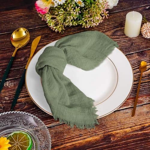 Pesonlook 60 Pcs Olive Green Cotton Linen Napkins with Fringe, 16x16 Inches - Image 6
