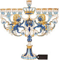 Matashi Hand Painted Blue and Ivory Regal Lion Menorah Candelabra by MATASHI